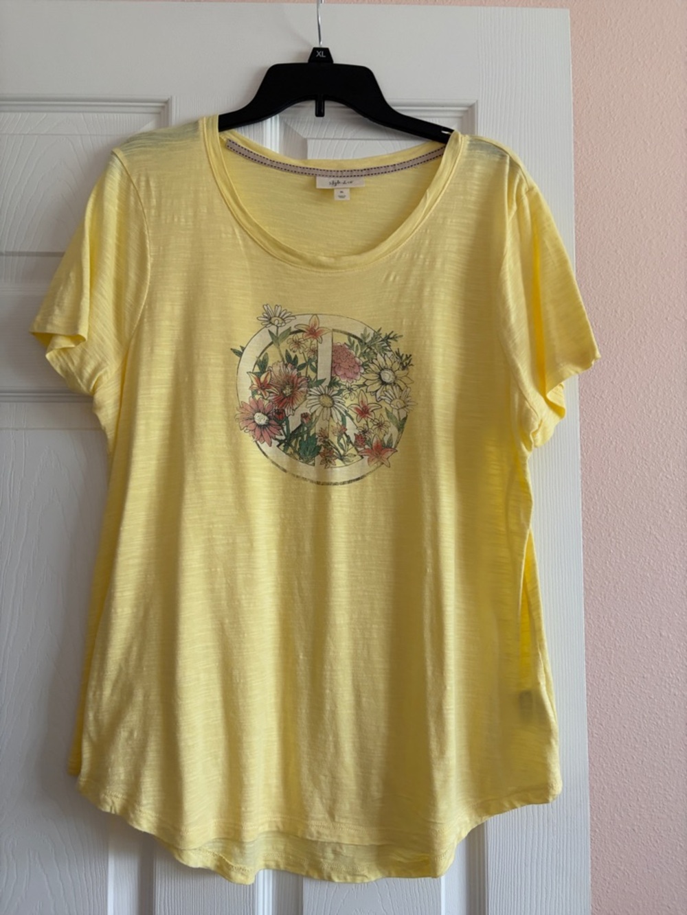 Style & Co. Yellow Short Sleeve Tee with Floral Peace Graphic